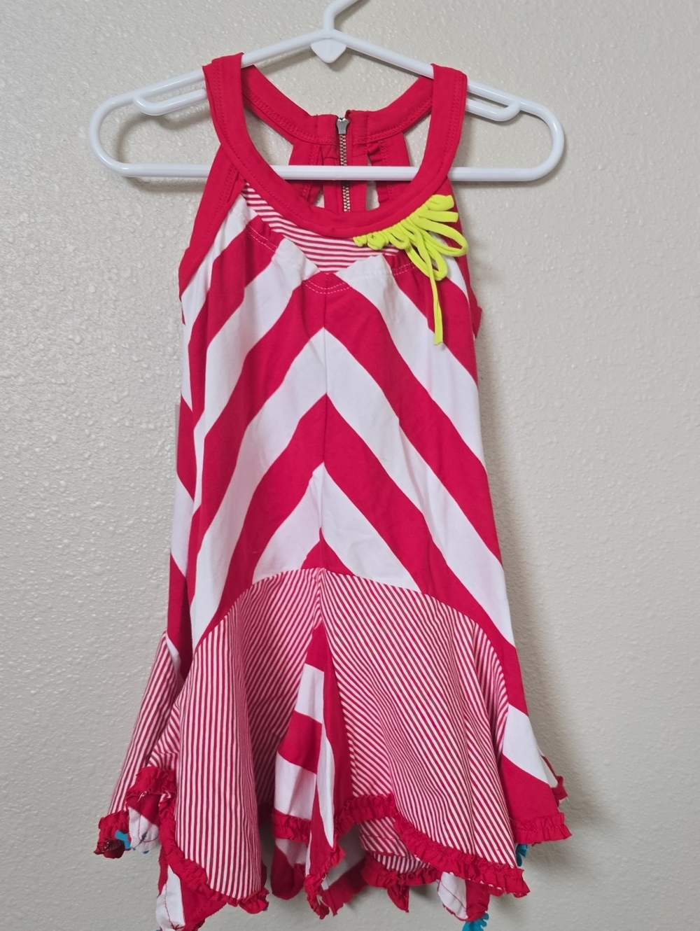 deux par deux Pink & White Chevron Dress with Neon Yellow Bow
